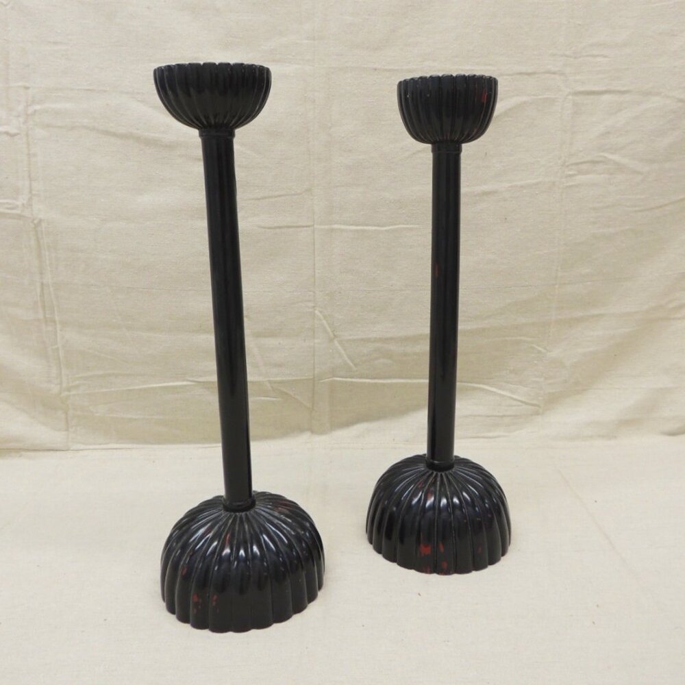 Pair of Vintage Faux-Lacquered Wood Asian Candle Holders